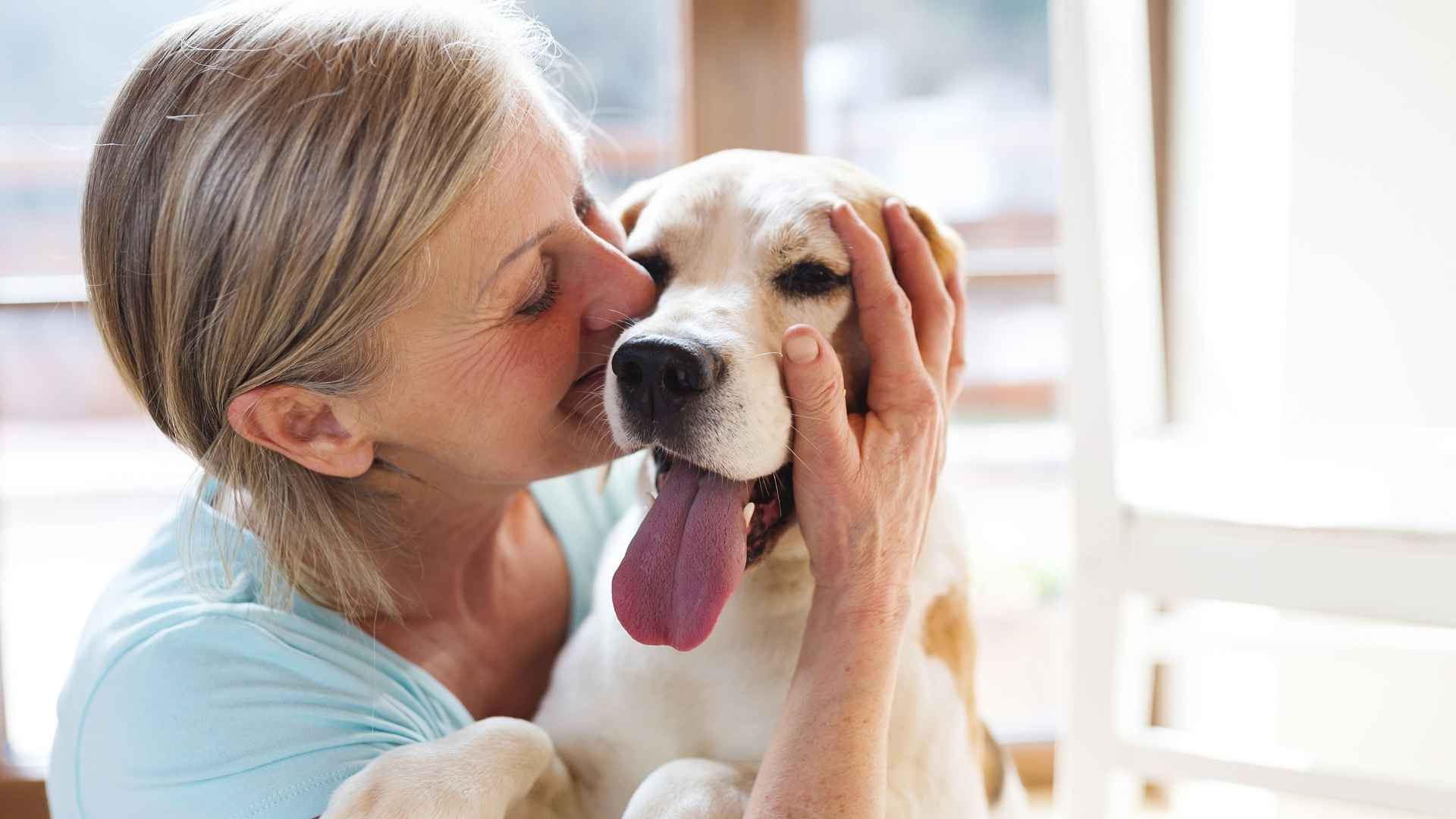 mujer besando a perro con amor